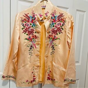 Vintage Peach Satin Embroidered Women's Asian Jacket
